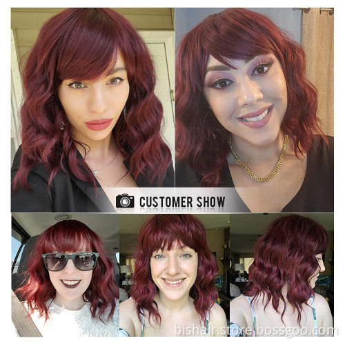 Cheap wholesale price Woven Bob curly hair wig Synthetic short burgundy wig with bangs Natural appearance Suitable for women